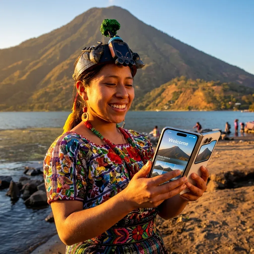 Mujer con traje típico guatemalteco mirando contenido en su teléfono frente a un lago y un volcán